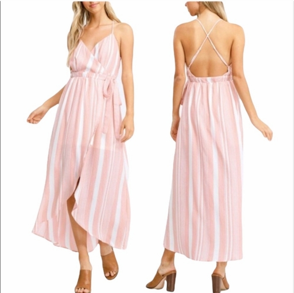 Shop The Trends Dresses & Skirts - NEW Shop the Trends Wrap Dress Pink White Stripes Boutique XXS High Low